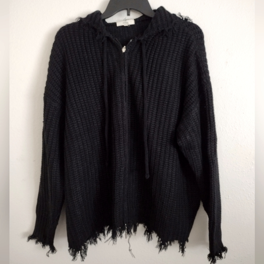 Entro black distressed fringe sweater with hood double zipper size medium Medium